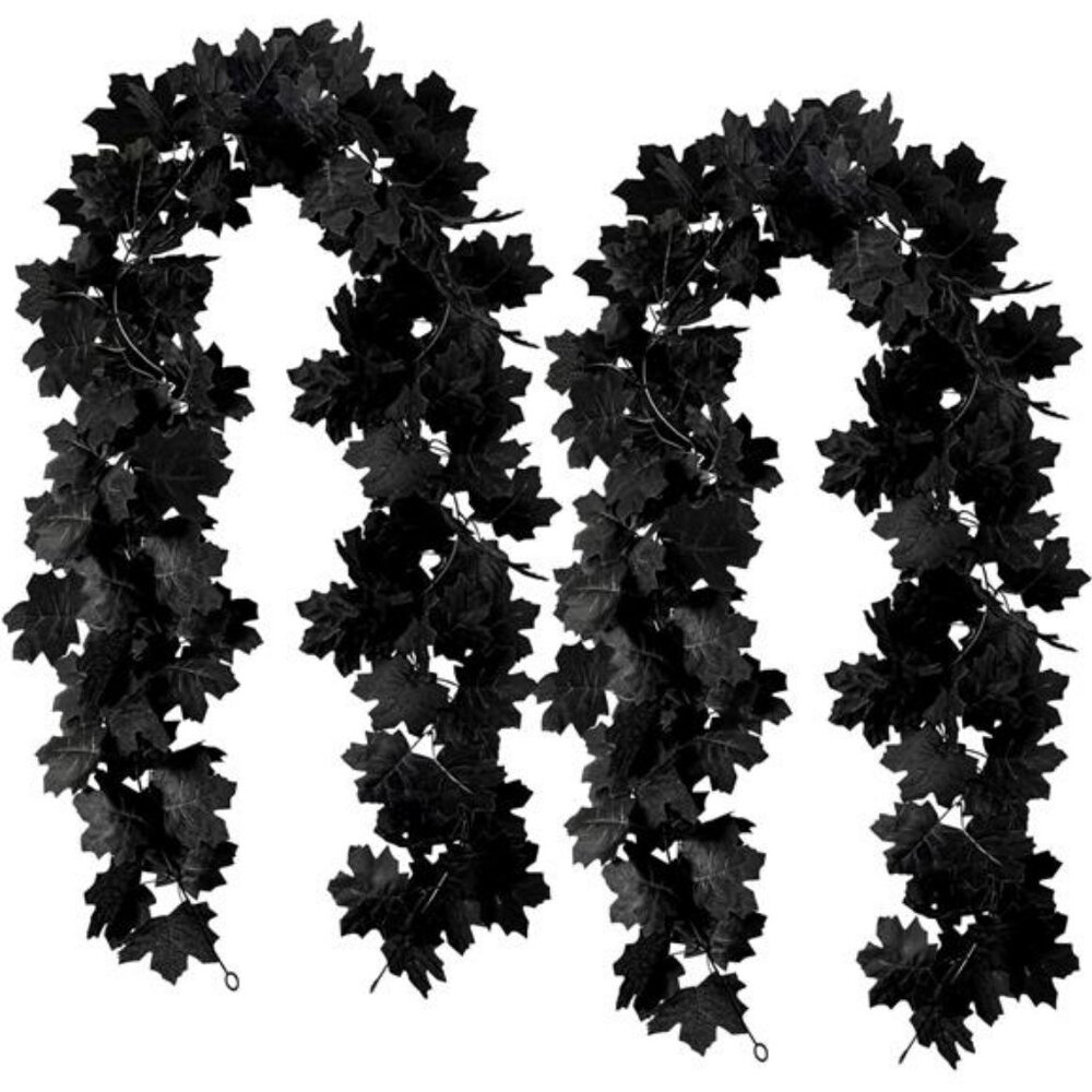 Black Maple Leaf Garland, 2PCS Halloween Artificial Hanging Fall Leave Vines